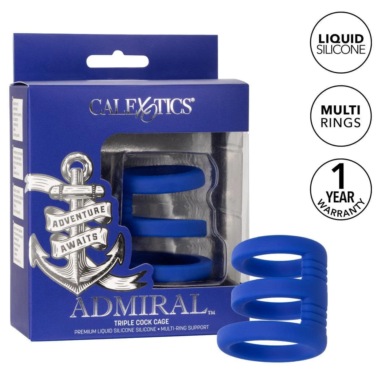 Admiral Triple Premium Silicone Penis Ring Cage Blue