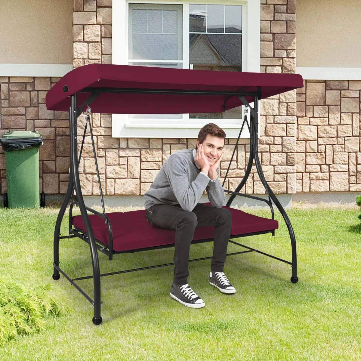 Tangkula 3 Seats Converting Patio Swing, Outdoor Porch Garden Canopy Swing with Comfortable Cushion Seats