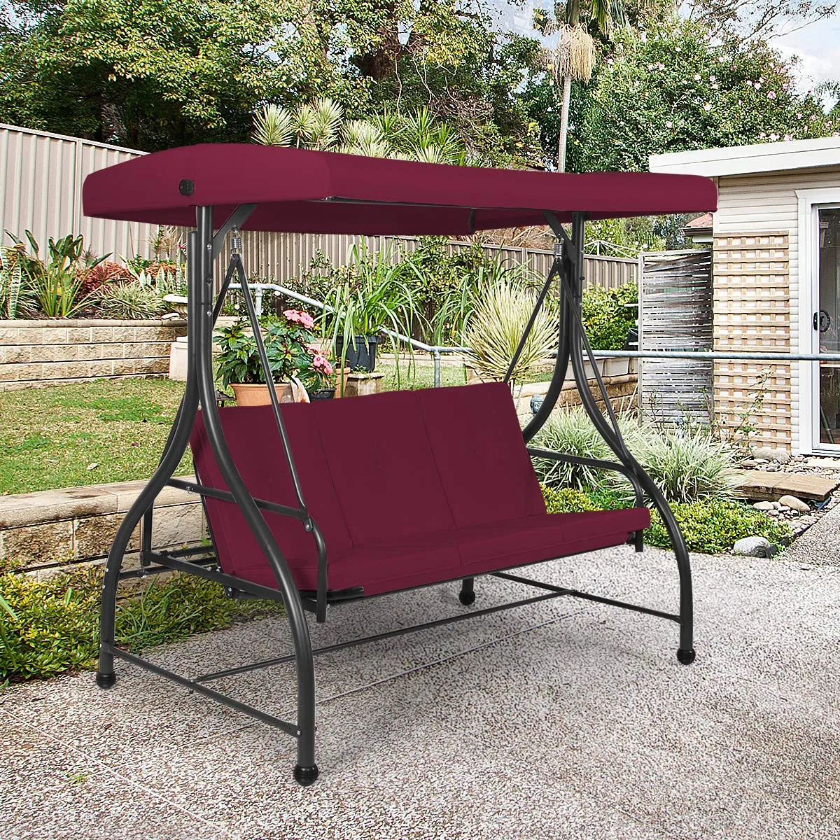 Tangkula 3 Seats Converting Patio Swing, Outdoor Porch Garden Canopy Swing with Comfortable Cushion Seats