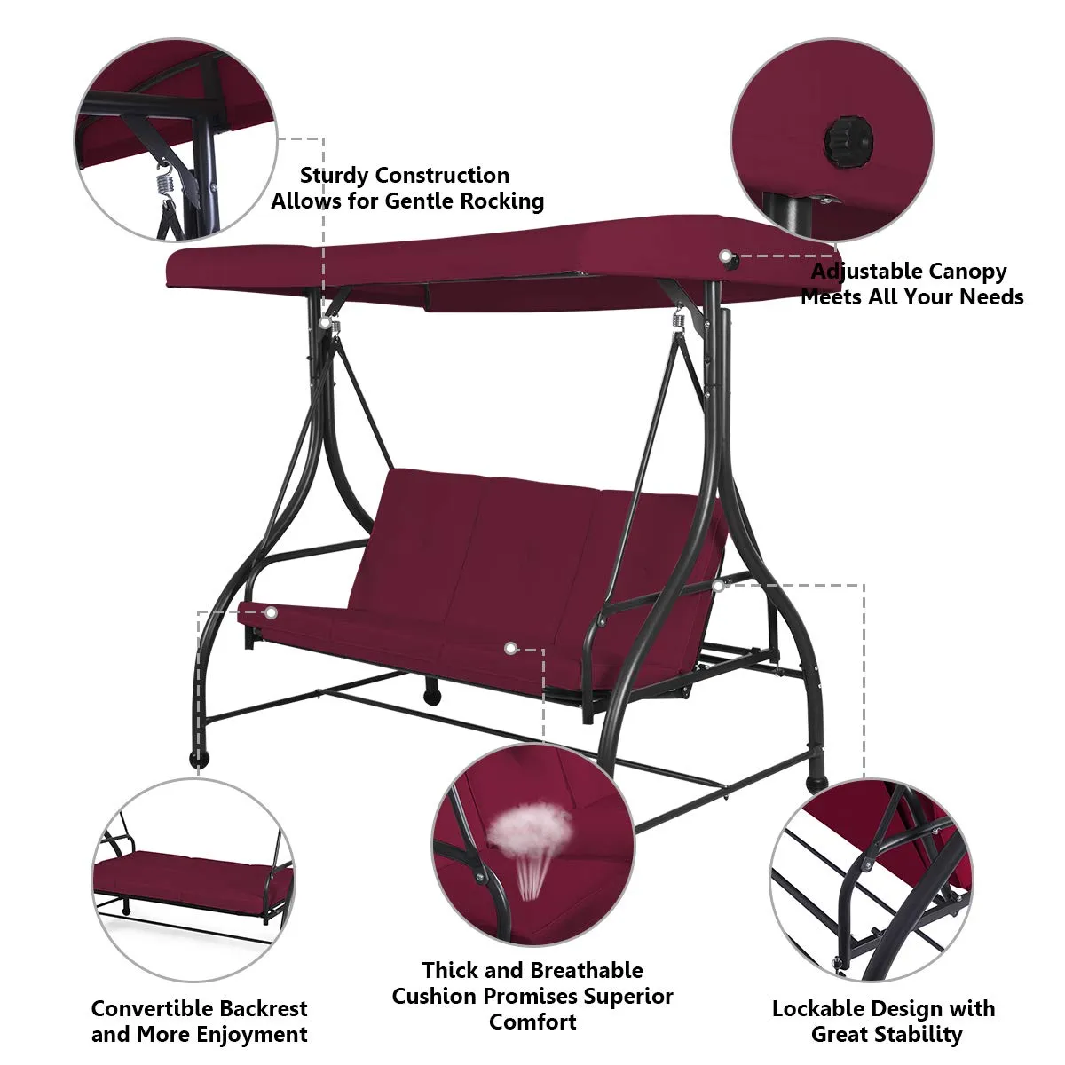 Tangkula 3 Seats Converting Patio Swing, Outdoor Porch Garden Canopy Swing with Comfortable Cushion Seats